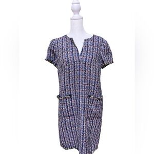 Ann Taylor Navy Tweed Sheath Dress Size 4 | Fringe Trim Sleeveless Workwear